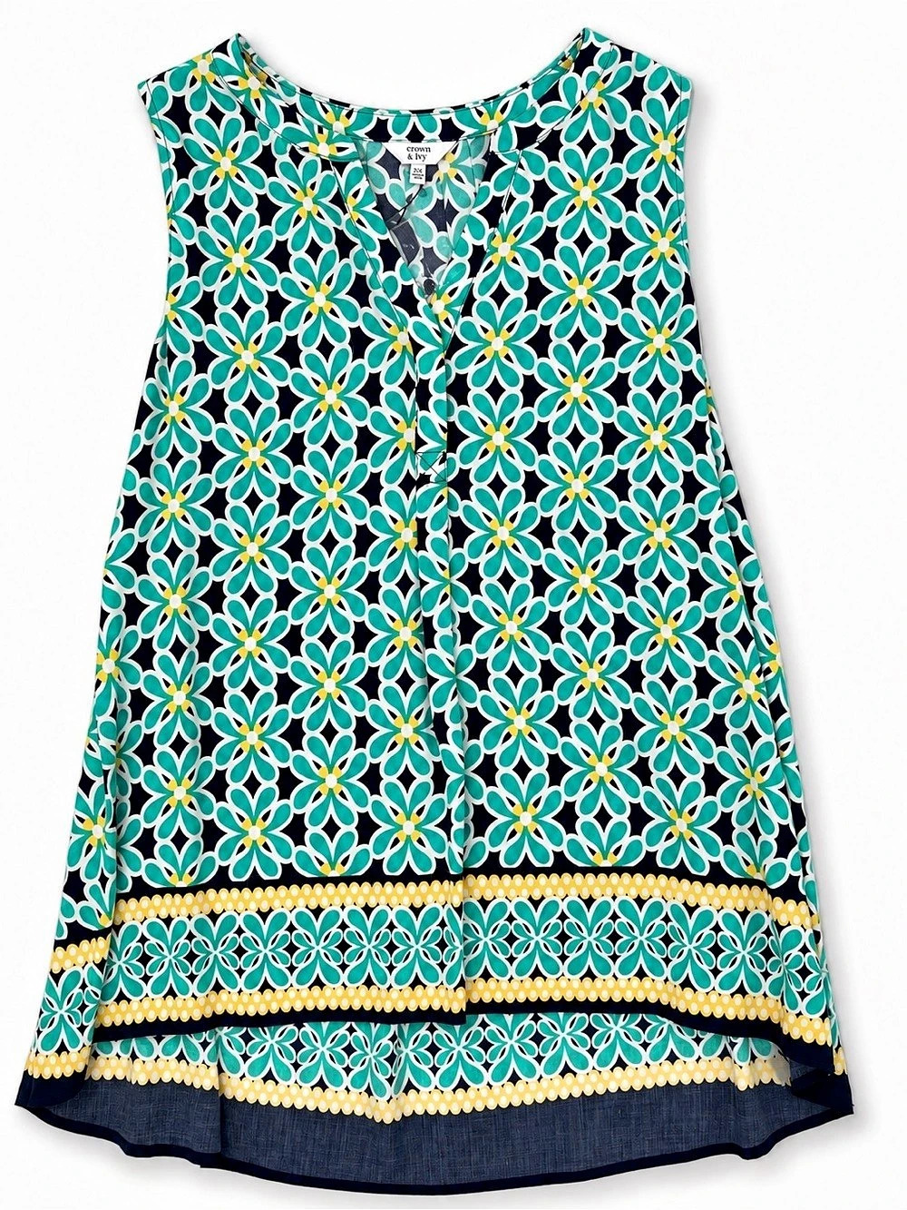 Crown & Ivy Womens XXL 2XL Tank Blouse Green Teal Navy V Neck Mosaic Print NWT
